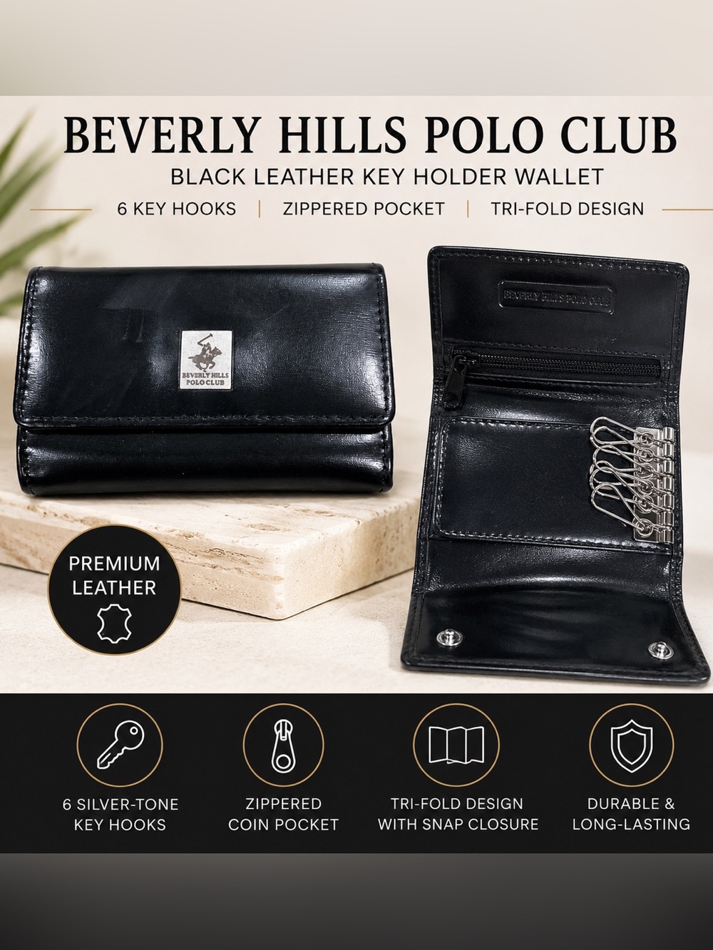 Beverly Hills Polo Club Black Leather Key Holder Wallet Case 6-Hook New